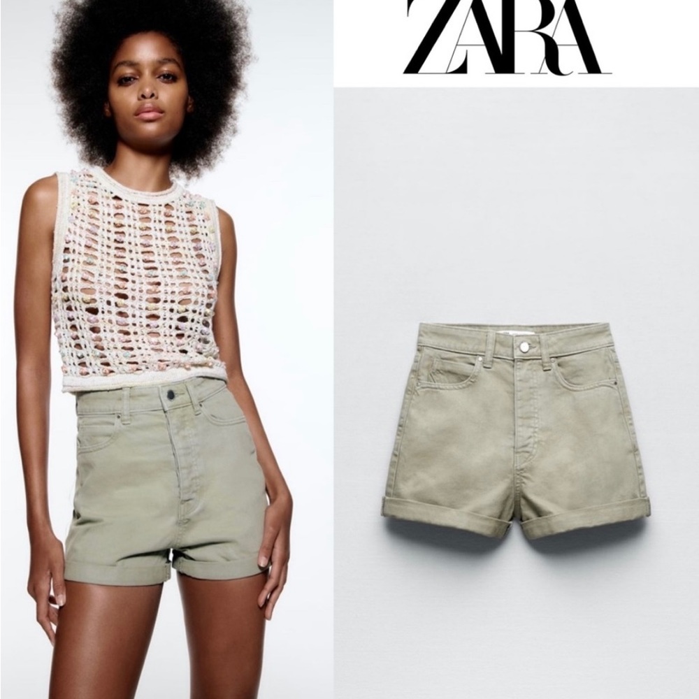 Zara high waist high rise button fly green denim shorts size 6